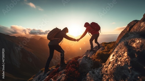 Two people helping each other hike up a mountain, Giving helping hand and teamwork concept. Travel.