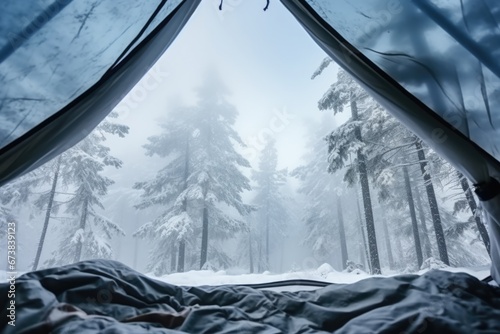 First person view from tent camping in snow covered wild field. Winter seasonal concept. © rabbit75_fot