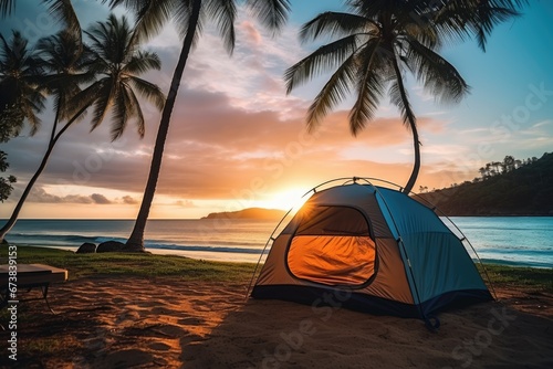 View from a tent at sunset at sand beach the beautiful seascape on tropical island. Summer tropical vacation concept. photo
