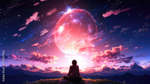 Young woman meditating in lotus pose with a giant pink planet in the sky at sunset