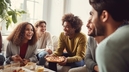 Group of friends multiracial young people eating pizza cheerful on weekend home party together.