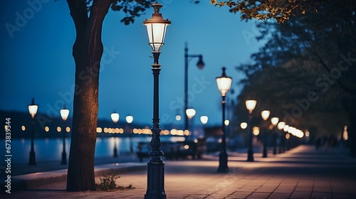 a row of brightly lit street lamps beside bay during night time. A beautiful night view of the beach with street lights and city lights. generative AI photo