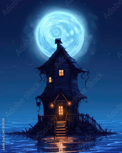 Illustration of a witch house at night with full moon in the background