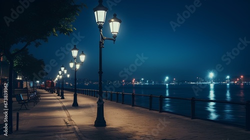 a row of brightly lit street lamps beside bay during night time. A beautiful night view of the beach with street lights and city lights. generative AI