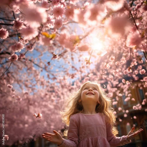 A little girl playing in beautiful blooming cherry blossom woods with pink petals in air and on ground in Spring. Spring seasonal concept.