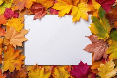 Autumn colorful tree leaves a sheet of white paper. Space for text. Autumn seasonal concept.
