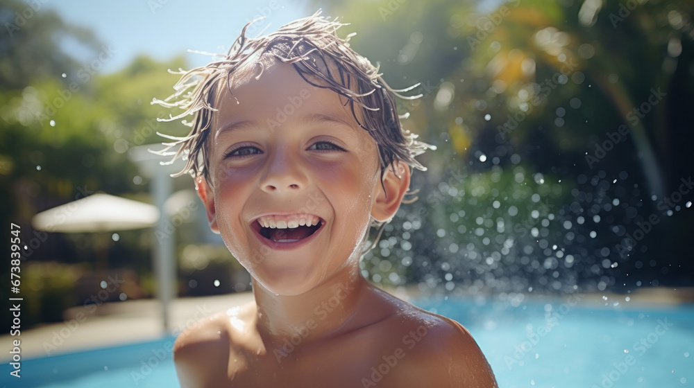 Young boy kid child eight years old splashing in swimming pool having fun leisure activity Young boy kid child eight years old splashing in swimming pool having fun leisure activity