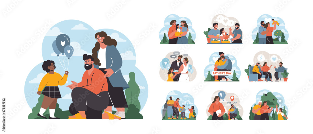 Family Moments set. Cherished instances of families bonding: picnics, birthdays, Father's Day celebrations, and parental custody moments. Heartwarming emotions shine through. Flat vector illustration.