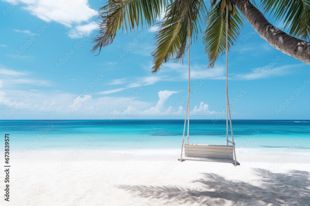 A lonely empty swing with palm tree at sand beach with blue sea. Summer tropical vacation concept.