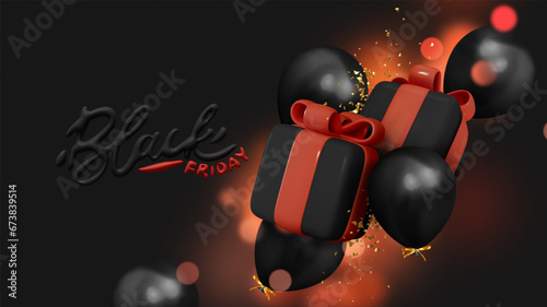 Black Friday Sale. Falling gift box, flying black balloons, glitter confetti, light blur bokeh gold color. Holiday surprise and present. Vector illustration