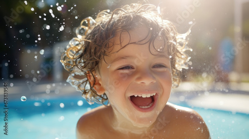 Young boy kid child eight years old splashing in swimming pool having fun leisure activity © PaulShlykov