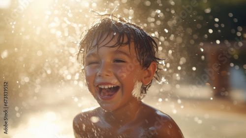 Young boy kid child eight years old splashing in swimming pool having fun leisure activity © PaulShlykov