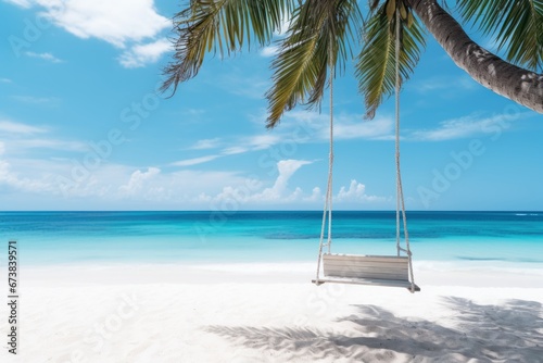 A lonely empty swing with palm tree at sand beach with blue sea. Summer tropical vacation concept.
