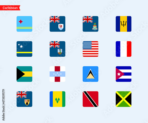 Flags of the countries of the Caribbean continent. Color flags of countries. Isolated square flags of Caribbean countries. Vector icons