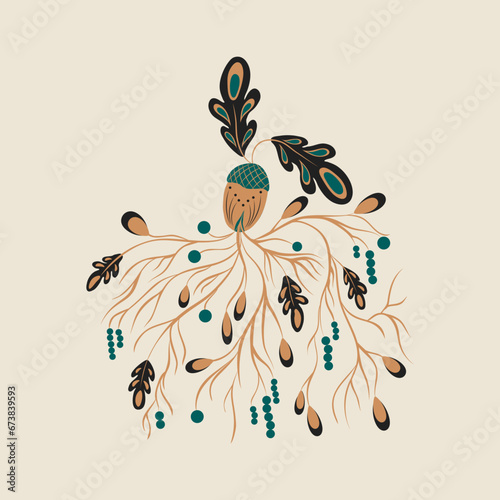 Vector folk illustration of stylized acorn with leaves and berries on roots. Plant composition is perfect for fall and spring decor, invitation or greeting card