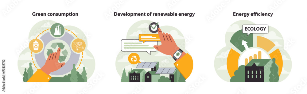 Ecology set. Engaging with green consumption, harnessing renewable energy, and driving energy efficiency. Hand interacts, sustainable choices, eco actions. Flat vector illustration.