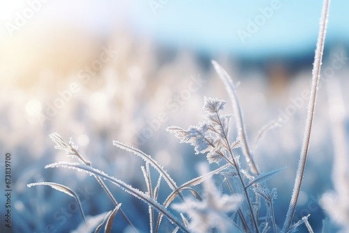 Close-up view of ice and snow on grass at sunrise in Winter. Winter seasonal concept. © rabbit75_fot