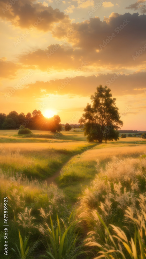 Beautiful natural panoramic countryside landscape. Blooming wild high grass in nature at sunset warm summer. Pastoral scenery. Selective focusing on foreground.