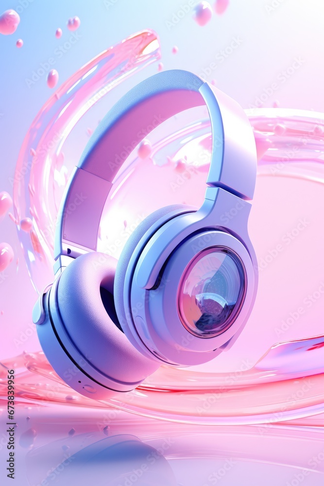 Silver metallic white wireless bluetooth headphones on neon light abstract background. Trendy minimal luxury music portable device. New technologies concept Silver metallic white wireless bluetooth headphones on neon light abstract background. Trendy minimal luxury music portable device. New technologies concept