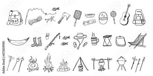 Big set of camping and fishing elements. Doodle style. Picnic, travel accessories and equipment. Travel design. Adventure. Great for prints, poster, cute stationery. Hand drawn. Vector illustration 