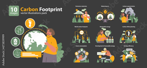 Carbon Footprint set. Insight into global CO2 impact. Emissions reduction, world carbon mapping, green consumption. Renewable energy progression, offset planting, and energy conservation. Flat vector