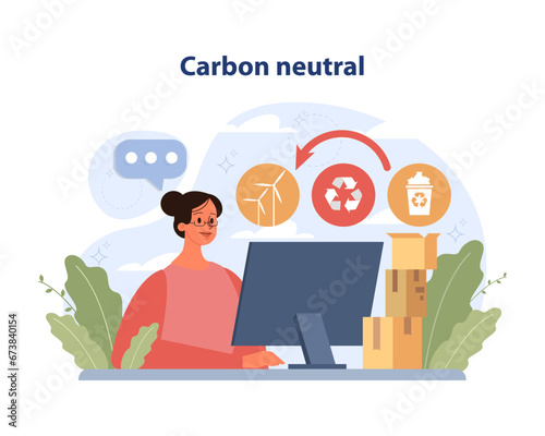 Carbon Neutral concept. Woman at desk with eco symbols indicating wind energy, recycling, and waste management. Steps to reduce carbon footprint for a sustainable future. Flat vector illustration.