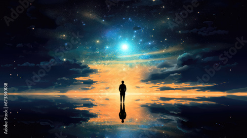 Conceptual image of the silhouette of a man over a lake  looking at the sunset and the universe in the sky