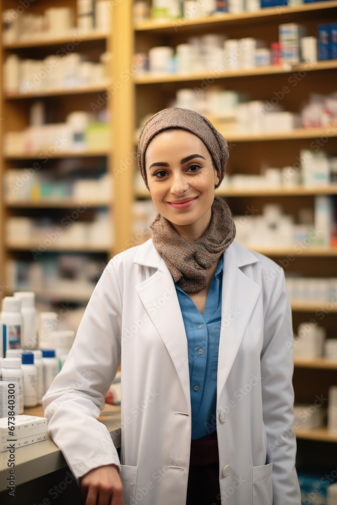 female egyption pharmacist standing behind a counter of a pharmacy