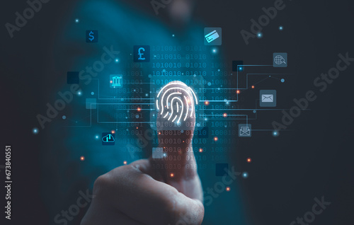 Thumbs up with virtual fingerprint to scan biometric identity and access password thru fingerprints for technology security system and prevent hacker concept.