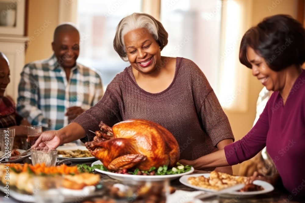 Thanksgiving Joy, Mature African American Woman with Stuffed Turkey