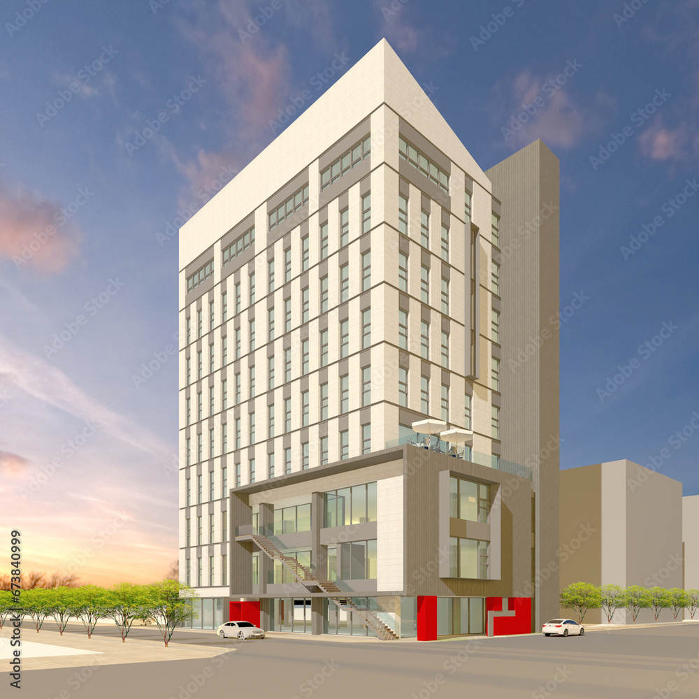 modern office building in the city, rendering of a modern office building in the city with blue sky