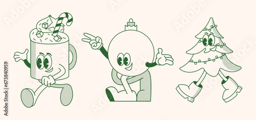 Christmas and New Year retro cartoon characters set. Christmas tree, coffee drink, bauble, present. Merry xmas Vector mascot groovy illustration in trendy vintage comic style isolated on background