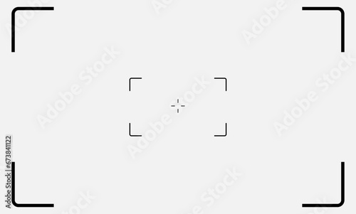 Photo or video camera viewfinder screen. Includes vector display frame, focus and grid, zoom, shutter, preview, and shooting settings for digital, DSLR, analog cameras, or camcorde