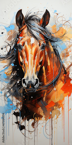 Intense abstract horse painting with striking orange and black drips