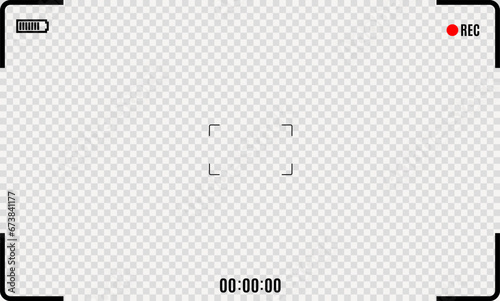 Photo or video camera viewfinder screen. Includes vector display frame, focus and grid, zoom, shutter, preview, and shooting settings for digital, DSLR, analog cameras, or camcorde
