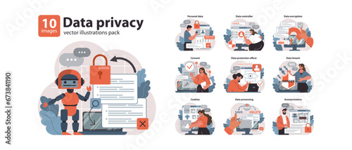 Data Privacy set. Exploring the facets of online safety. Personal data handling, secure browsing and encryption techniques. Protecting information user consent and potential threats. vector