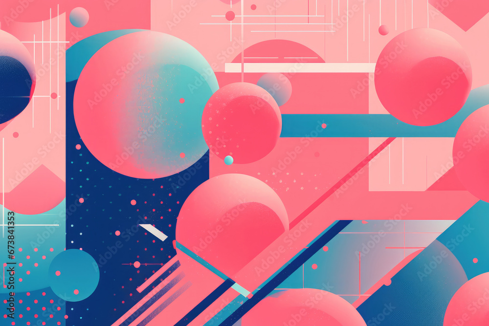 Abstract background with bubbles of different sizes in different shades of pink and blue. Generative AI. Risograph style