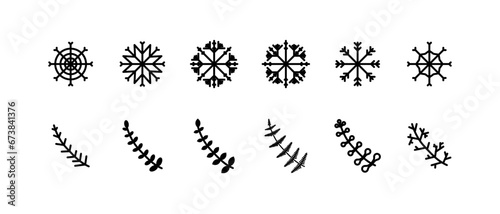 Snowflakes and twigs icons. Silhouette  black  set of snowflakes and winter twigs for design. Vector icons