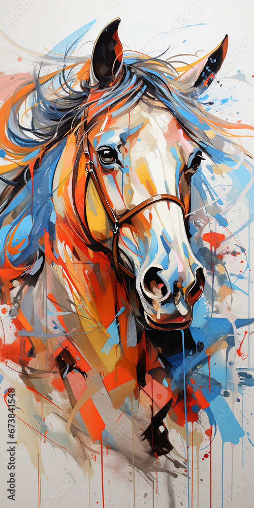 Colorful abstract horse painting with splattered paint details