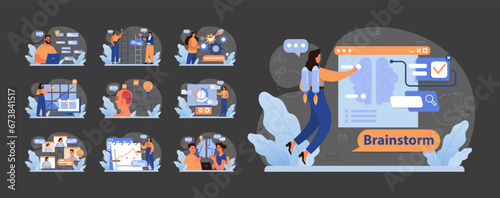 Brainstorming session set. Diverse teams collaborate on ideas. Flowcharts, online discussions, thought processes. Jetpack boost in creativity. Flat vector illustration
