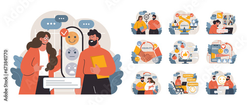 Inclusion at Work set. Professionals collaborate on projects, promote equality, and support colleagues. Celebrating diversity, ensuring accessibility. Team discussions, mutual respect. Flat vector