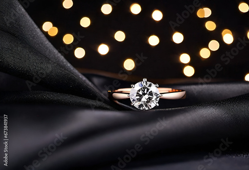 diamond ring on black silk fabric with lights bokeh in minimal style