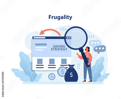 Frugality. Financial crisis. Young woman study money savings strategy. Personal budget planning and financial well-being. Flat vector illustration