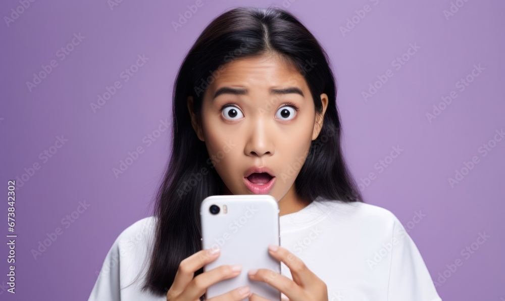 Asian Female Purple Color Astounded Checking Mobile Phone Concept Generative AI