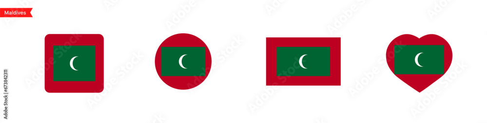 National flag of Maldives. Flag icons for language selection. Maldives flag in the shape of a square, circle, heart. Vector icons National flag of Maldives. Flag icons for language selection. Maldives flag in the shape of a square, circle, heart. Vector icons