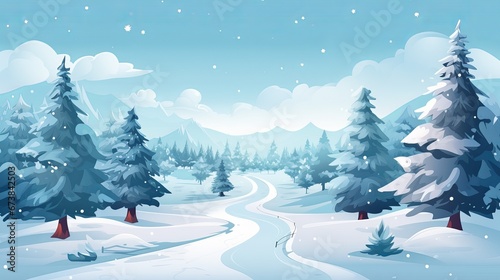 winter landscape with trees,A Christmas background and greeting card illustration featuring a forest of green Christmas trees under a snowfall. © YUJYUN