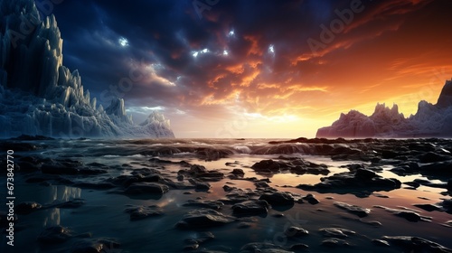 Background image of a stormy day at a shallow beach with thunder  and a distant mountainous landscape.