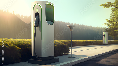 Electric car charging station, parking for electric and hybrid vehicles with chargers. Network of electric charging stations.