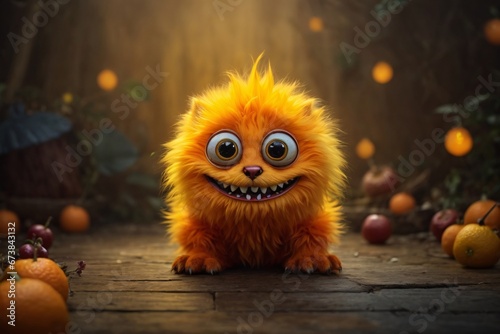 A little orange furry monster with teeth lurks in the colorful background. The image showcases a furry art with cute and colorful elements. Generative Ai.