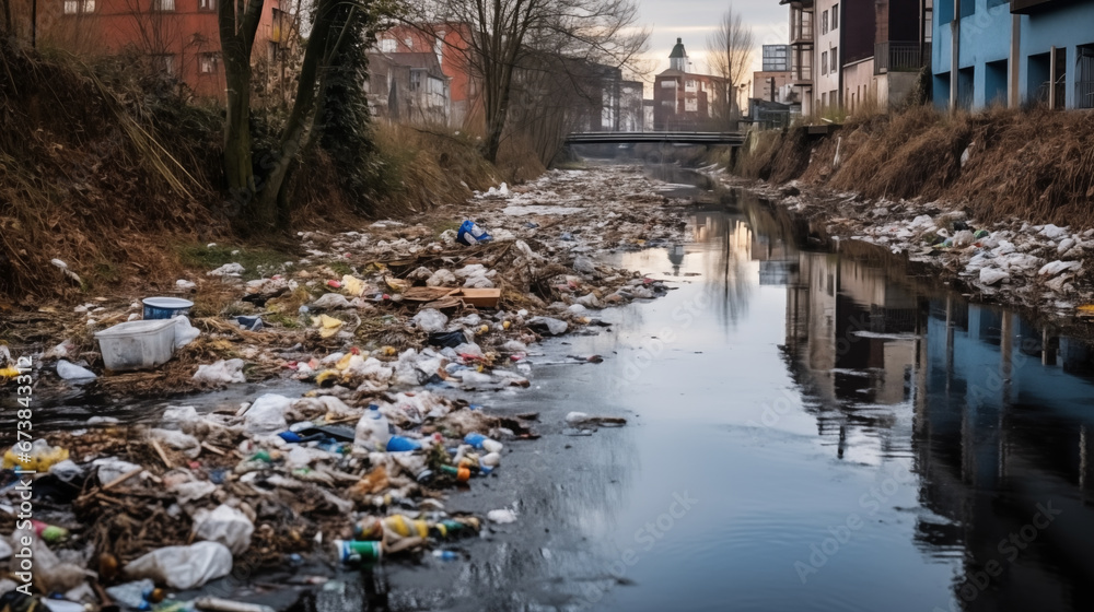 Huge plastic decomposable trash in small sewage of big urban city making environmental toxic contamination pollution problem. Household waste dispose management problem concept. Huge plastic decomposable trash in small sewage of big urban city making environmental toxic contamination pollution problem. Household waste dispose management problem concept.